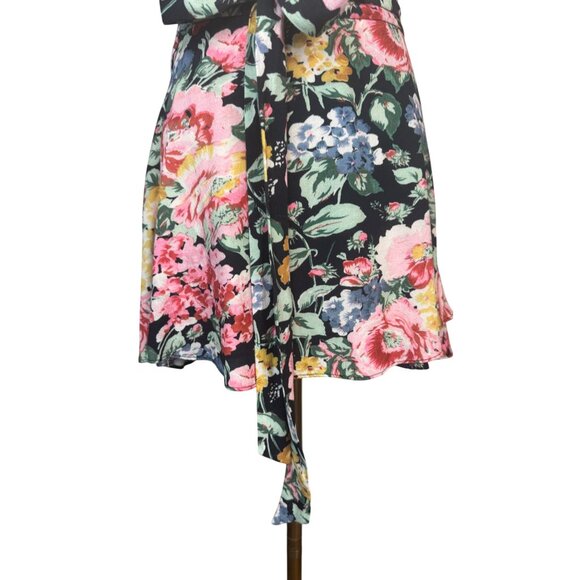 ZARA Medium Floral Skirt Black Floral Multicolor Tie At Waist - Picture 10 of 11
